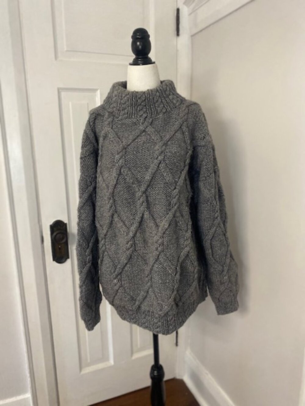 Hand Knit Fishermans sweater Grey Womens L Mens M Chunky Cable Knit